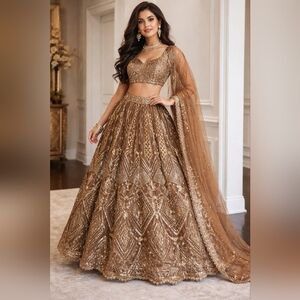 Golden Brown Net Embroidered Lehenga Choli